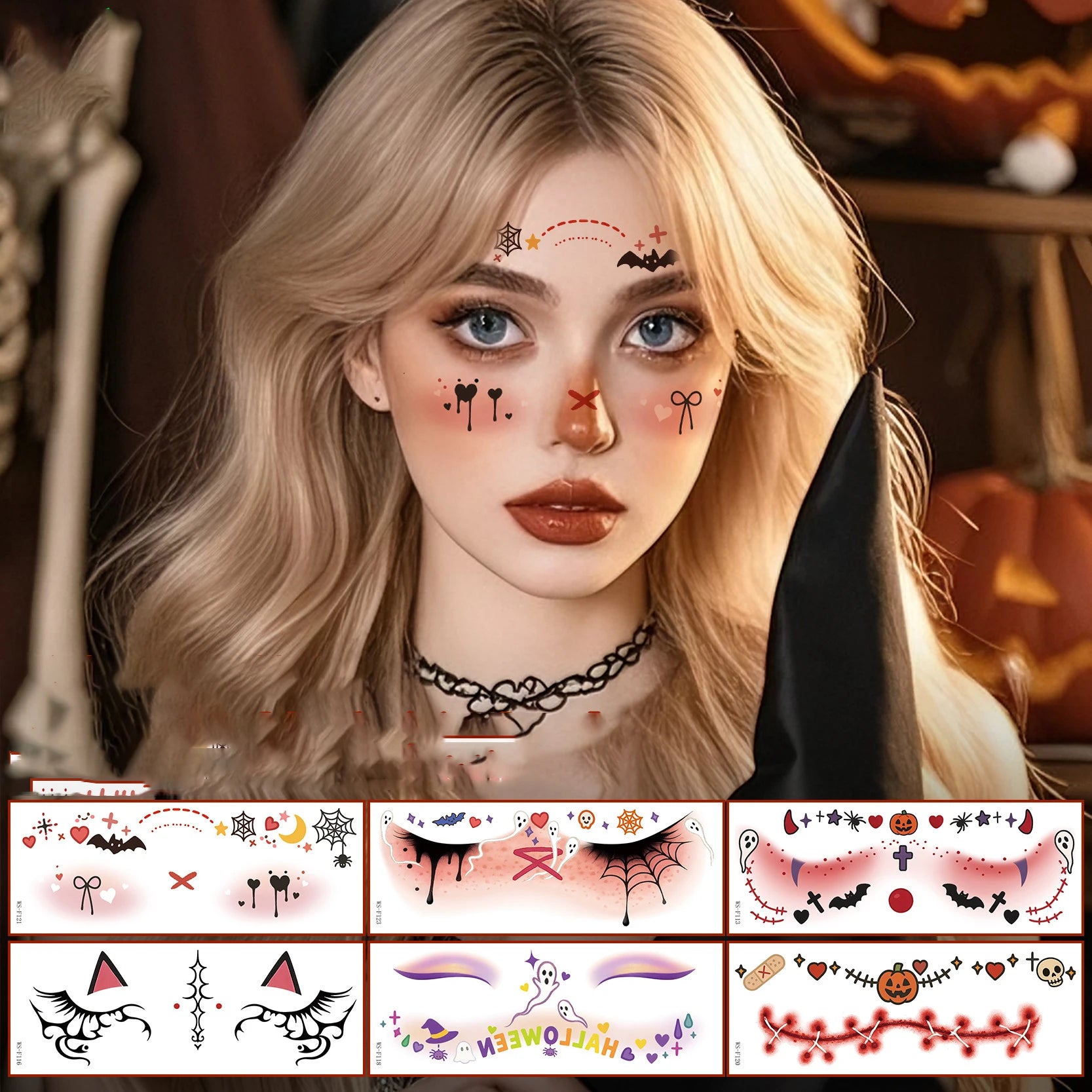 Halloween Makeup Face Stickers Cute Makeup Tattoo Stickers Waterproof and Sweat-Proof Tattoo Stickers
