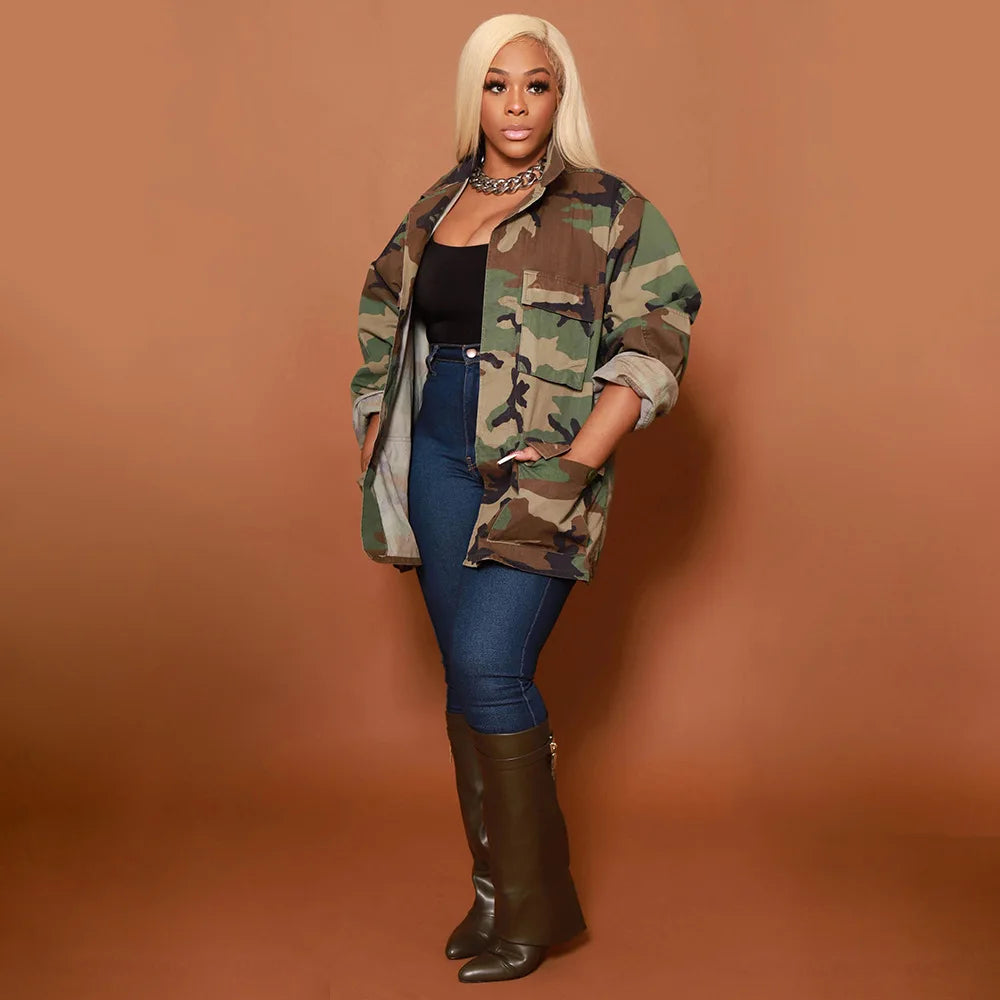 Jackets for Women Camouflage Coat Coats Turn Down Collar Full Sleeve Jacket Single Breasted Jacket Casual Pockets Autumn Spring