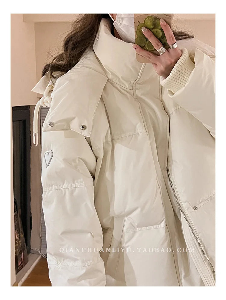 Women's Down Cotton Jacket Hooded Coat Winter Cotton Comfortable Thick Warm Love Embroidery Loose Jacket Snow Coat Clothing