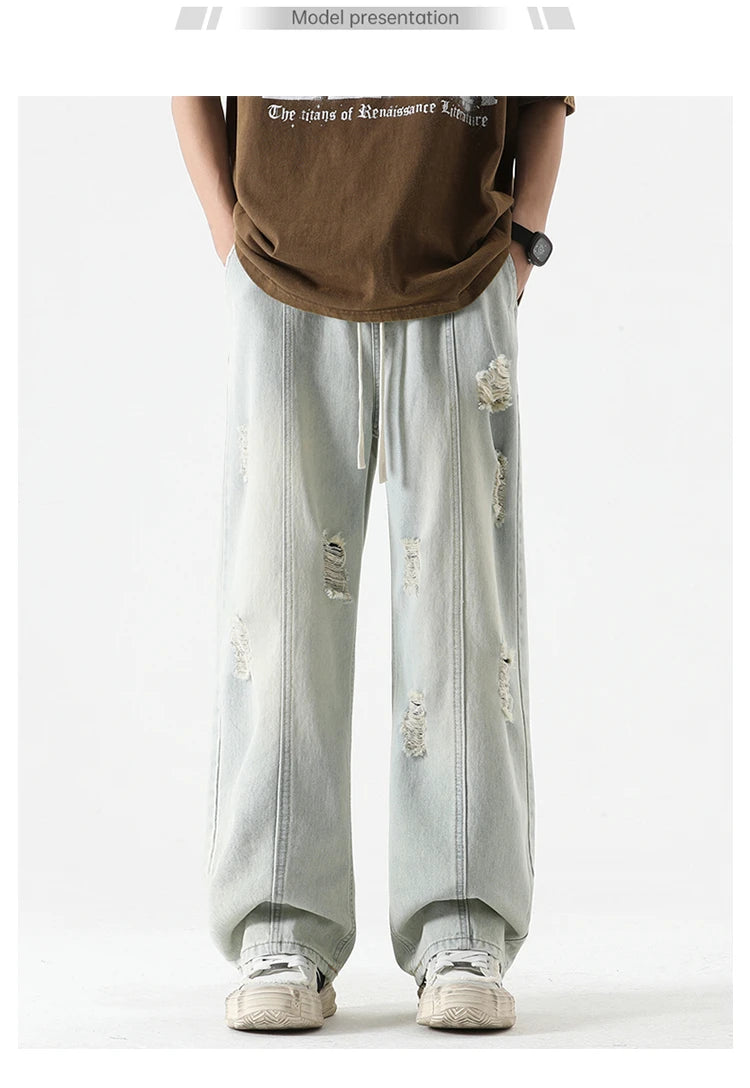 Men's Summer Ripped Jeans Loose Straight Leg Retro Men Draw Rope Port Fashion Brand All-match Casual Pants