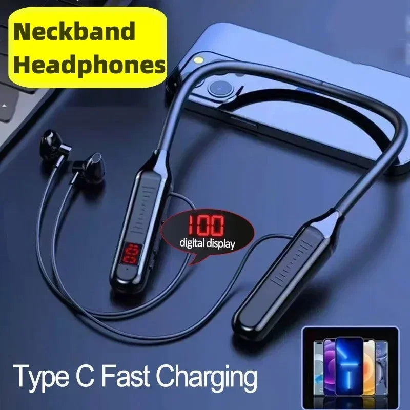 Wireless Bluetooth Earphones Neckband Headphones Gaming Stereo Sports Headset Halter Waterproof Magnetic Earbud with LED Display