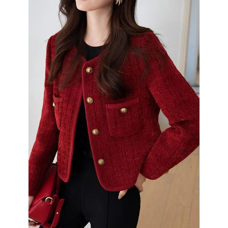 Wine red Coat Women Xiaoxiangfeng Jacket  Autumn and Winter New Short Jackets Elegant Women's Top