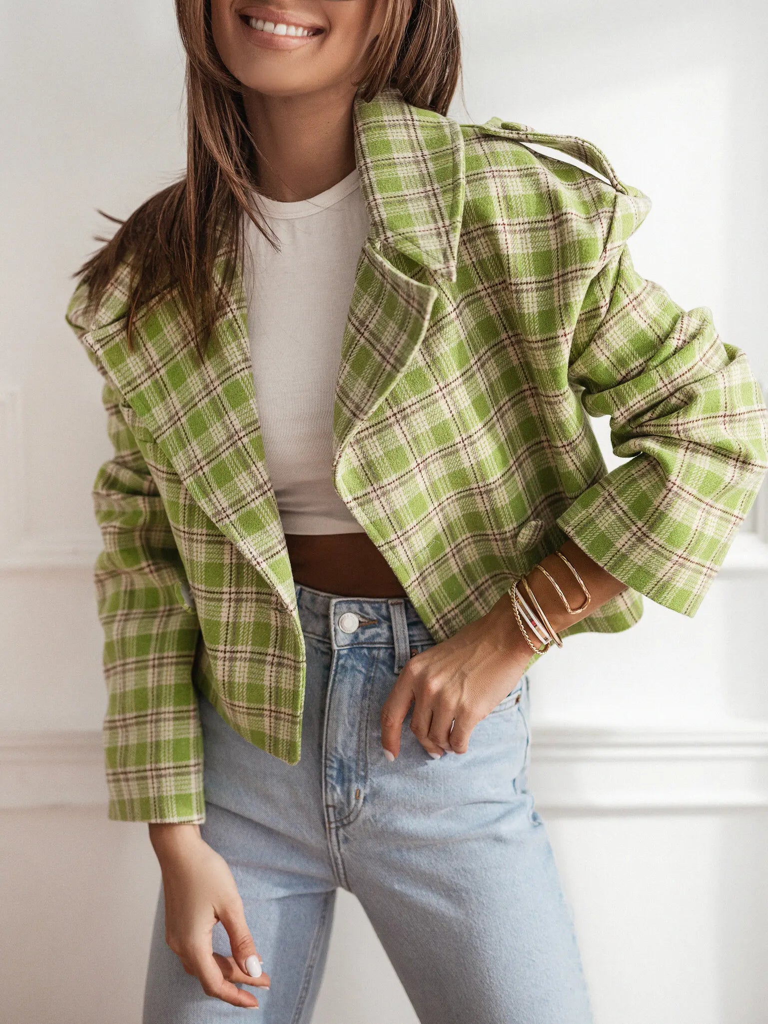 Women's fashion British suit collar plaid printed woolen jacket loose and casual personalized and fashionable temperament