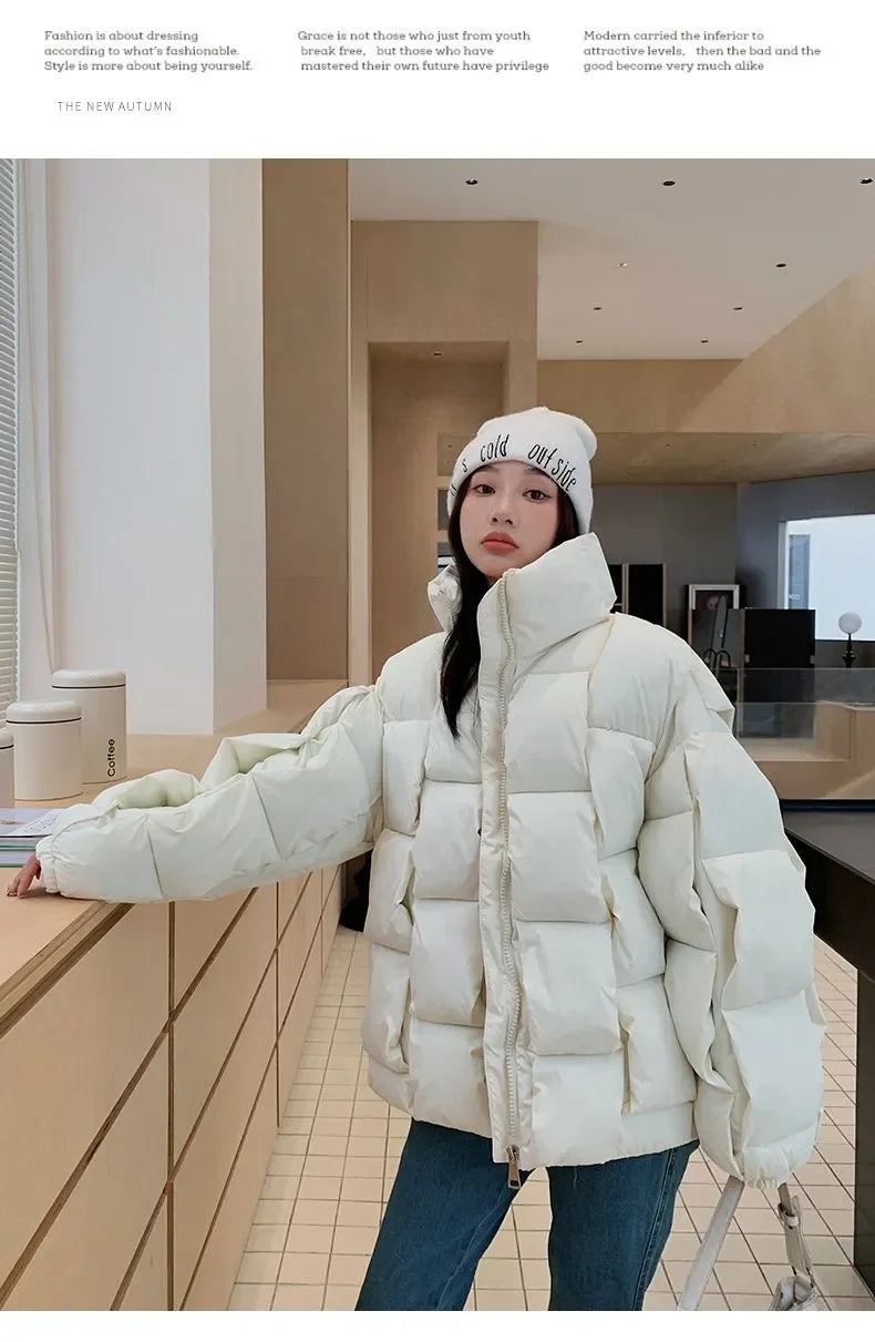 Winter Jacket for Women Three-dimensional Plaid Woven Fashion Coat Solid High Street Warm and Thick 2023 Winter New Down Jacket