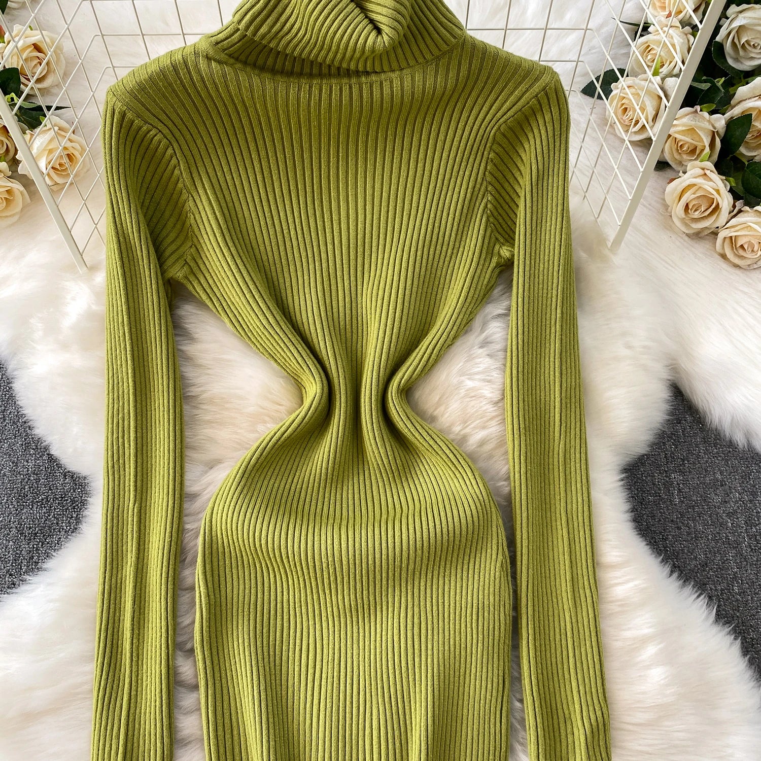 Women Winter Turtleneck Knittign Dress Stretch Slim Long Sleeve Soft Knitwear Dresses Female Casual Lining Simple Bottom Vestido