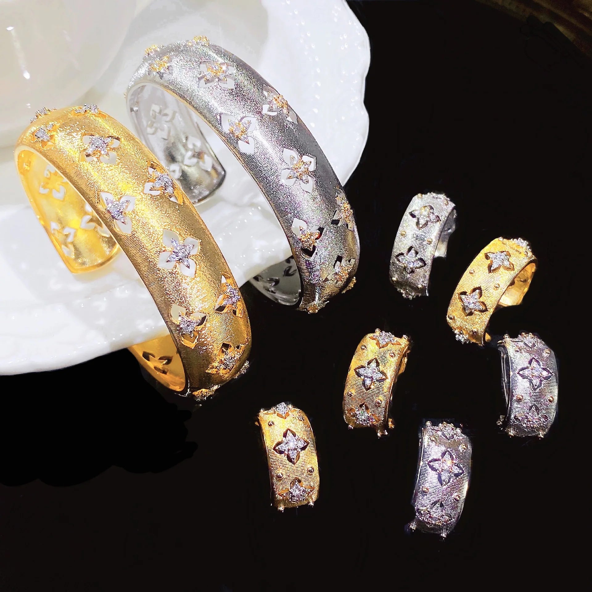 Italian handmade brushed court style two-color gold craft cloth home ring real gold electroplated earrings necklace bracelet wom