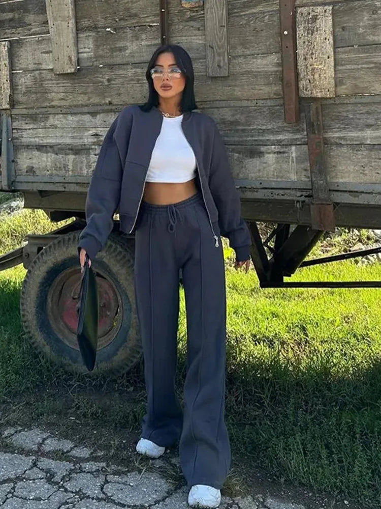 Women Sweatsuit Set Vintage O-neck Zipper Bomber Jackets High Waist Loose Pants Suit Female 2025 Spring Fashion Lady Sportswear