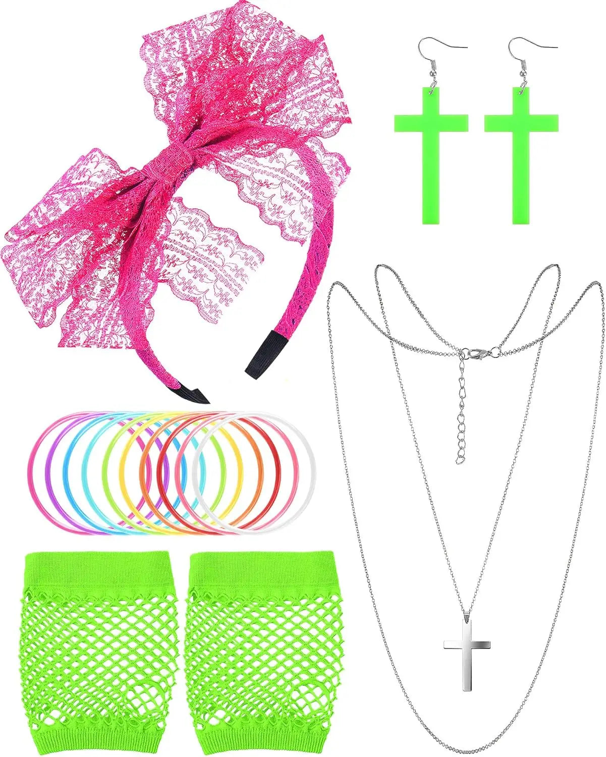 80s Accessories Women Dress Costume Lace Headband Earrings Fishnet Gloves Necklace Bracelet anime accessories set fancy dress
