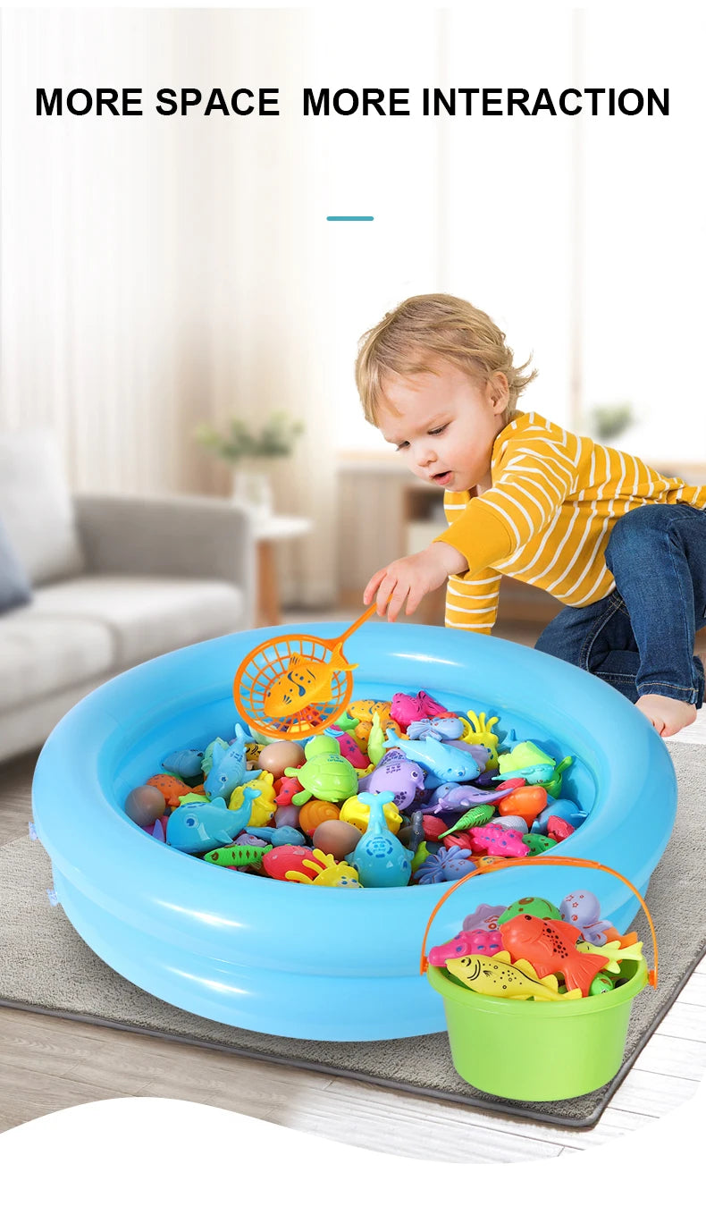 Kids Fishing Toy Set Play Water Toys for Baby Magnetic Rod and Fish with Inflatable Pool Outdoor Sport Puzzle Toys for Children