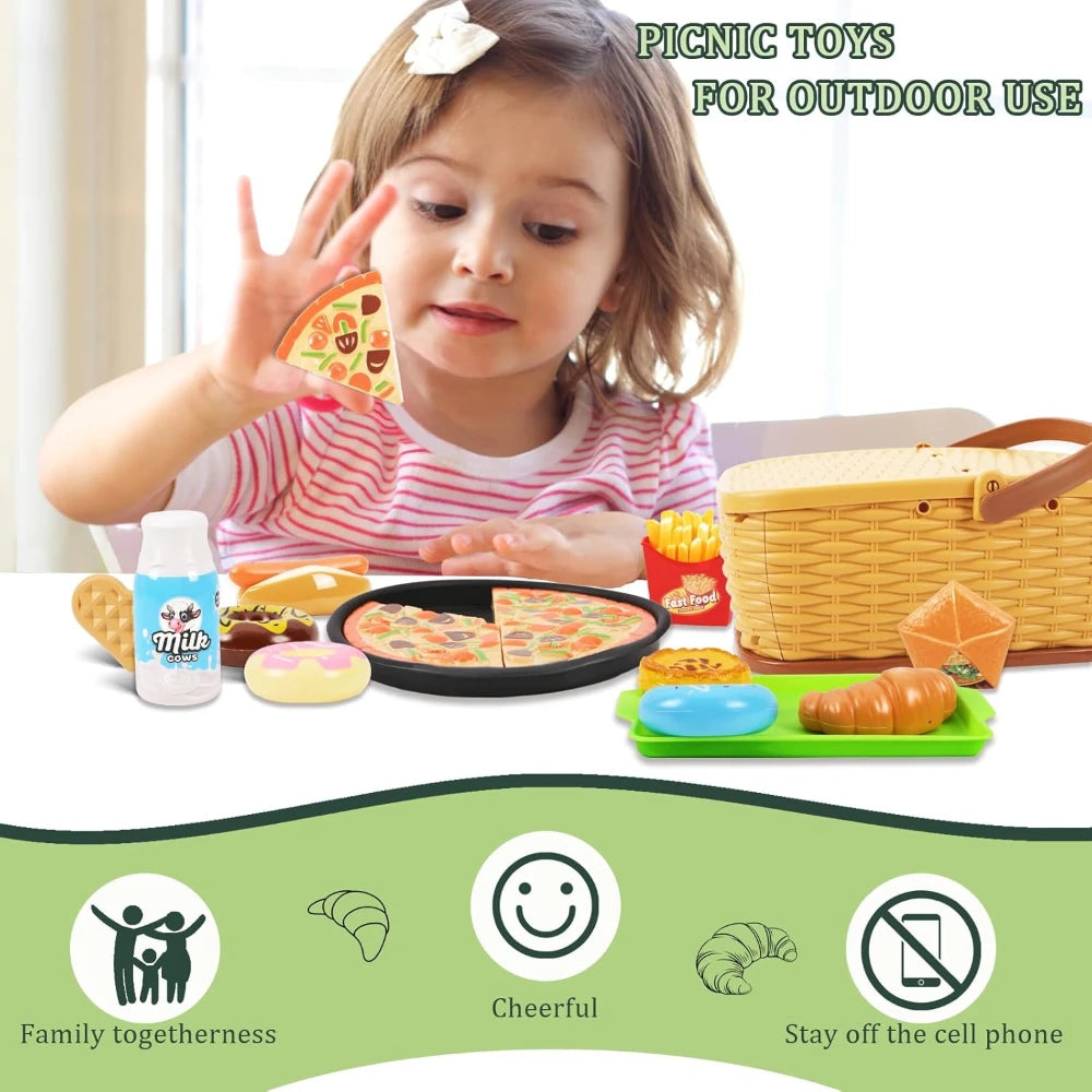Kids Play Kitchen Toys Set , Pretend Play Food Toys for Toddlers, Plastics Pizza Accessories with Basket, Gifts for Boys Girls
