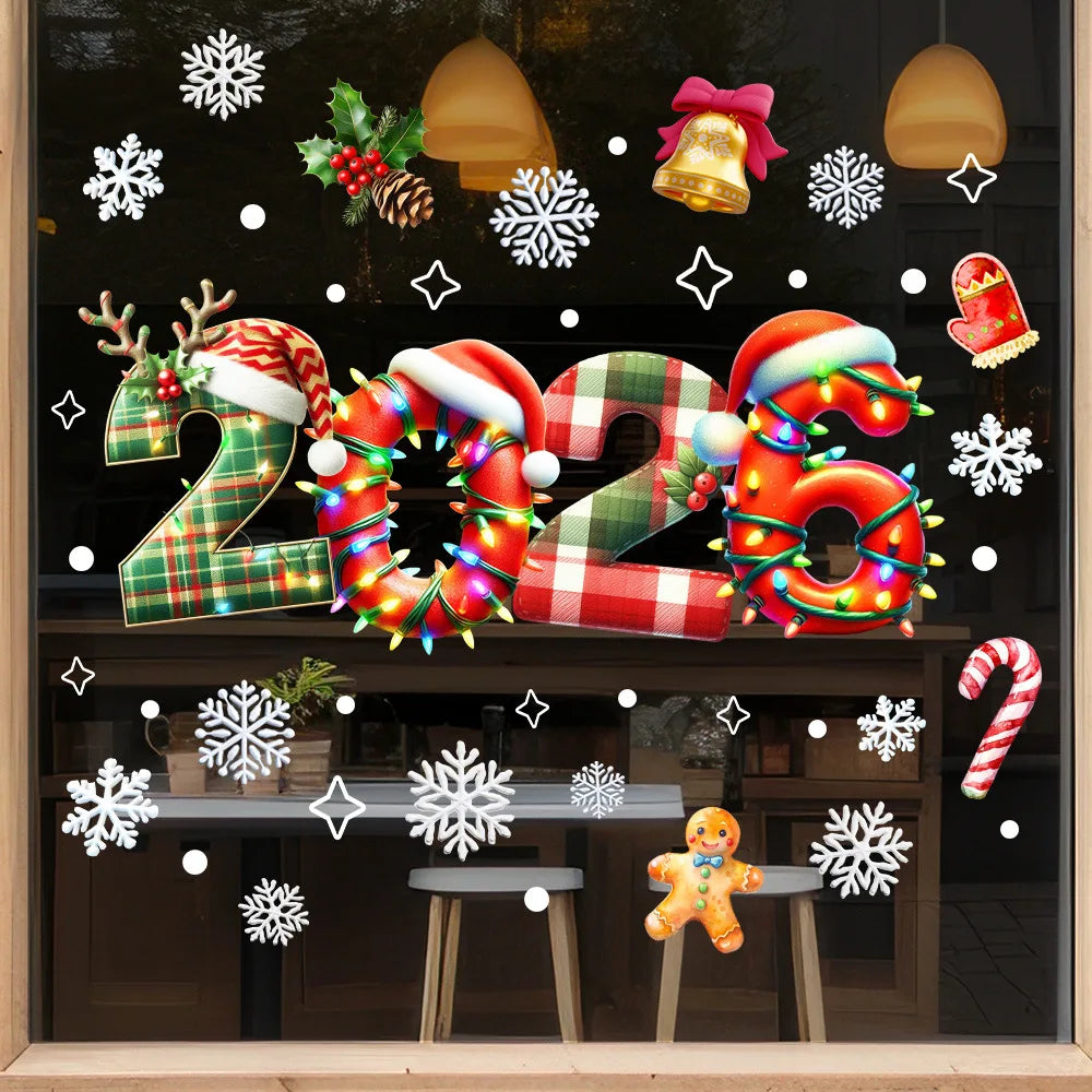 Christmas Glass Stickers Wooden House Pine Nut Sticker Glass Wall Decor Merry Christmas 2025 Stickers Happy New Year 2026