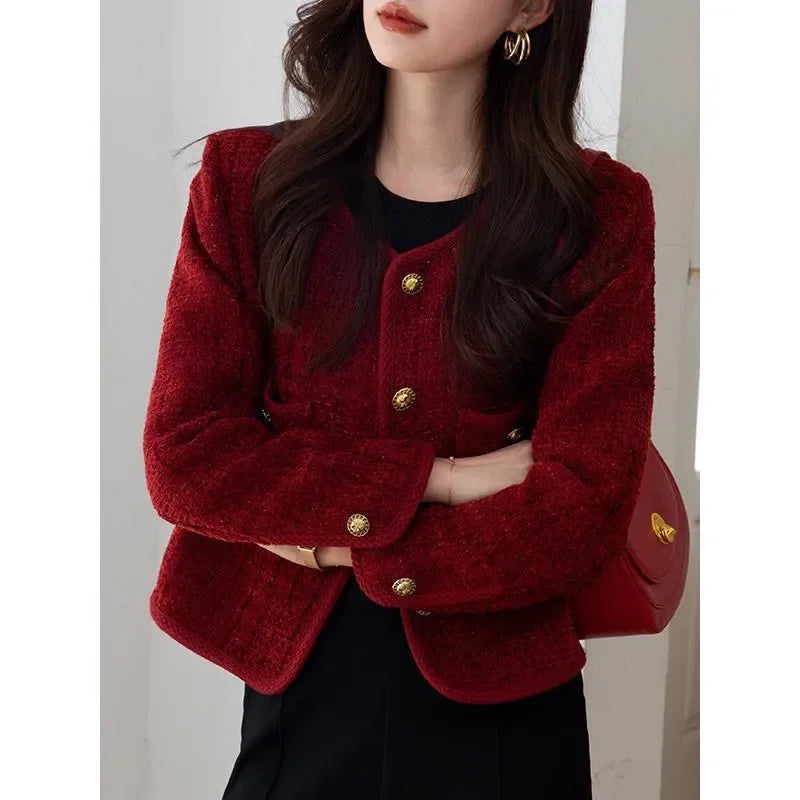 Wine red Coat Women Xiaoxiangfeng Jacket  Autumn and Winter New Short Jackets Elegant Women's Top