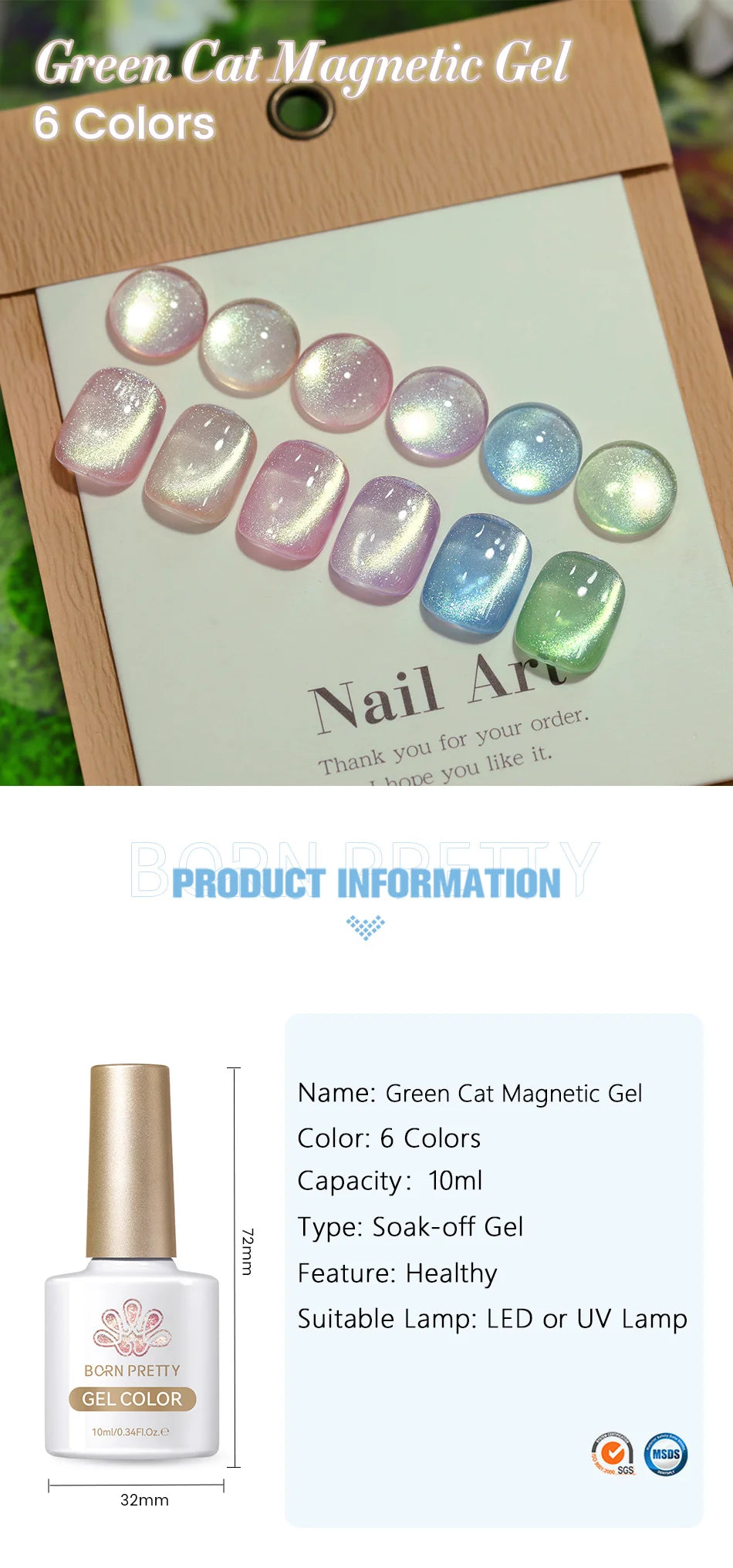 BORN PRETTY 10ml Green Cat Magnetic Gel Ultra Shine Holographic Glitter Semi Permanant Soak Off UV LED Gel Varnish For Manicure