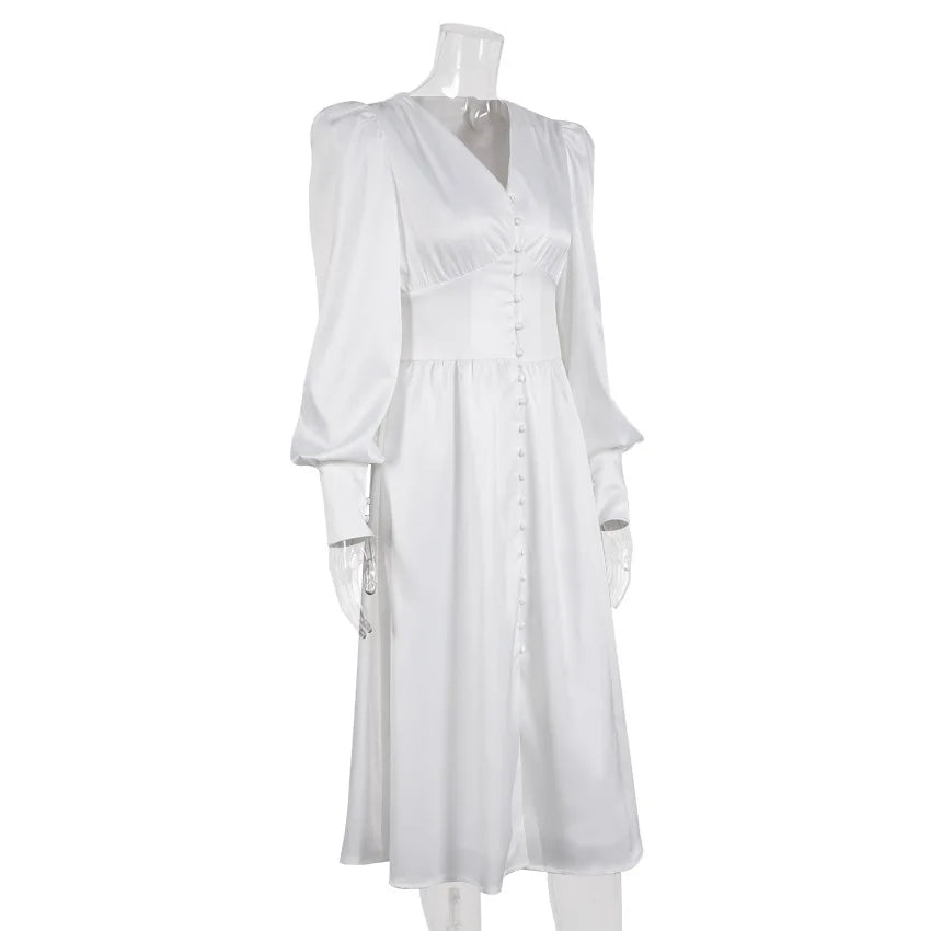 Autumn and Winter Women's Long Dress V-neck Satin Waist Retro Dresses for Women