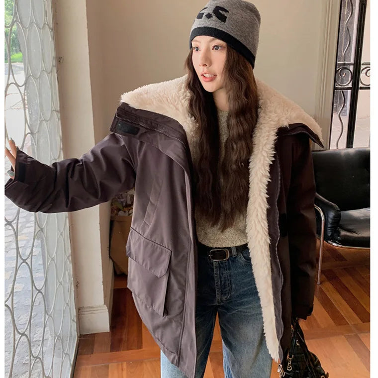 Women Parkas Short Coats Jackets Turn Down Collar Thick Warm Y2k Streetwear Elegant Jacket Work Coat Autumn Winter 2025