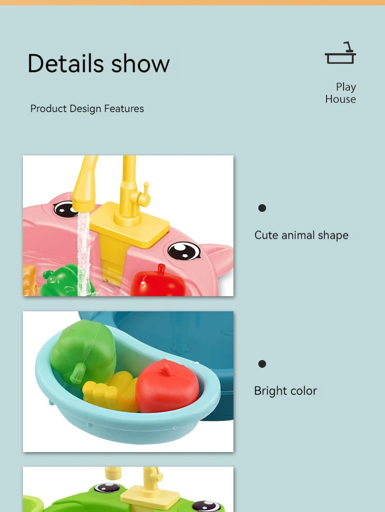 Kids Play Kitchen Set Simulated Dishwasher Sink Hand Basin with Electric Circulating Water Toys for Boys Girls Pretend Role Play