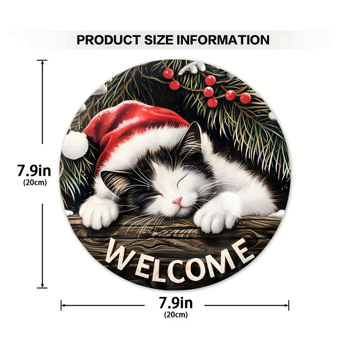 Christmas Welcome Sign Wooden Round Hanging Decoration with Sleeping Cat Design, Perfect for Wreath New Ye wall Accents