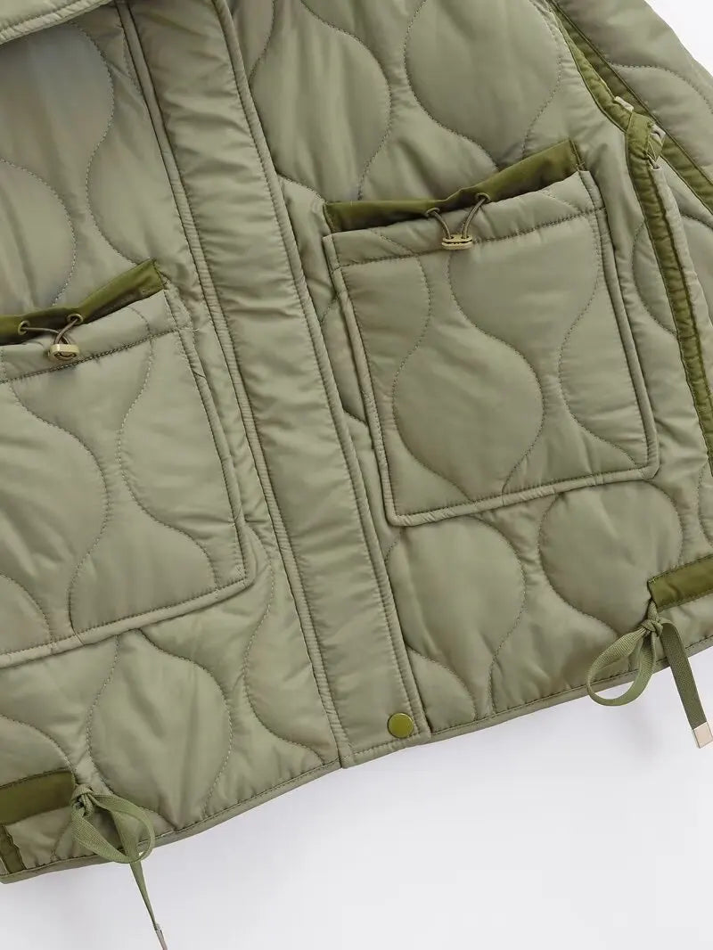 Quilted coat for women ETJ 2024traf QUILTED JACKET WITH TIES new beige drawstring high neck pocket clip cotton jacket for women