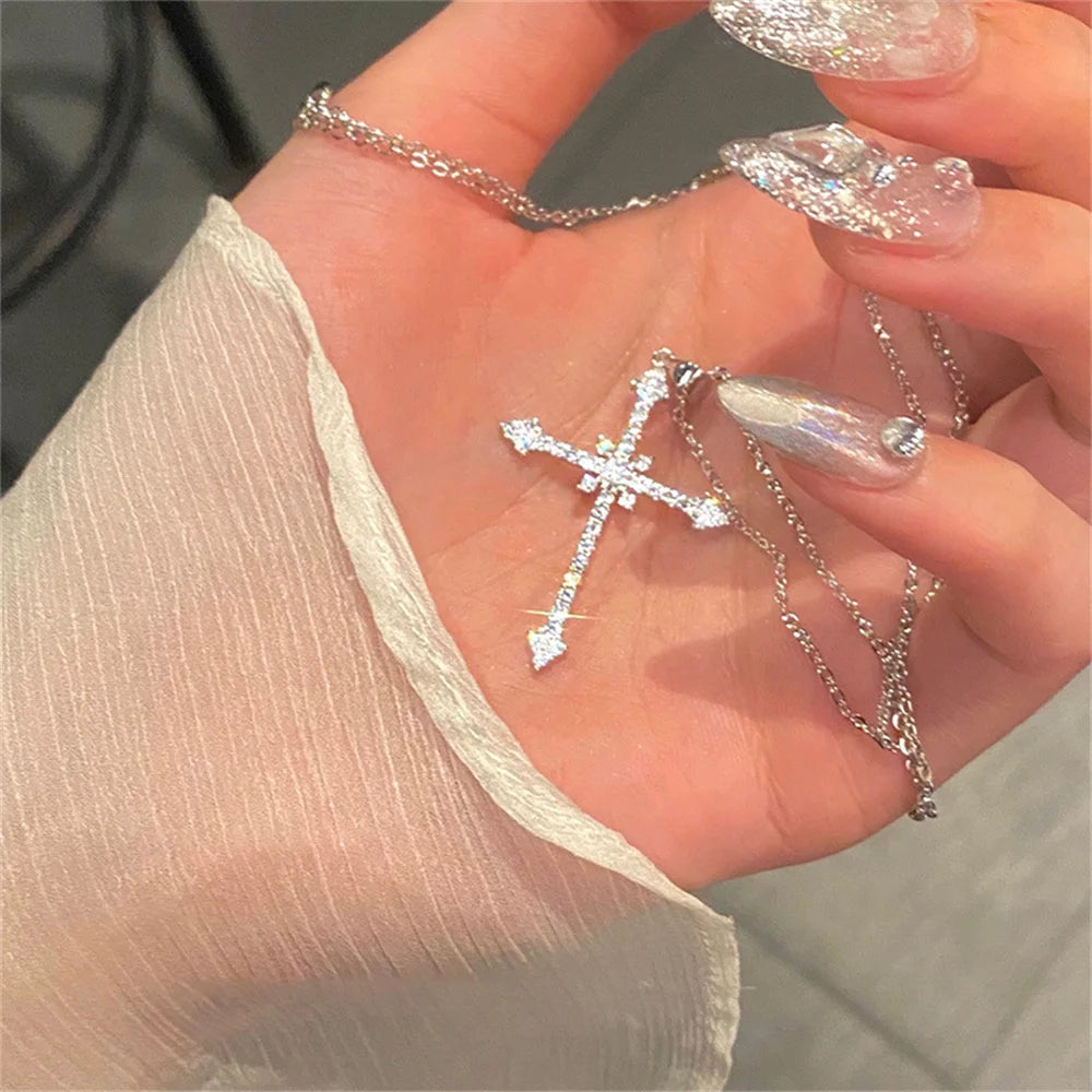 Elegant Crystal Cross Pendant Necklace Silver Color Star Ladies Necklace Fashion Party Jewelry Women Gift Wholesale