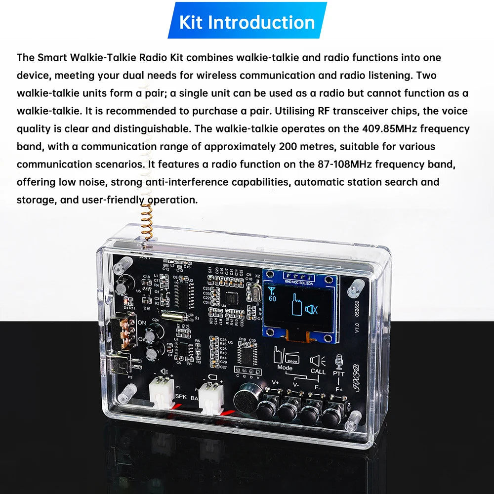 Electronics Kit  FM Radio DIY Kit Smart Wireless Walkie-Talkie Radio Electronics Assembly and Soldering Practice DIY Kit