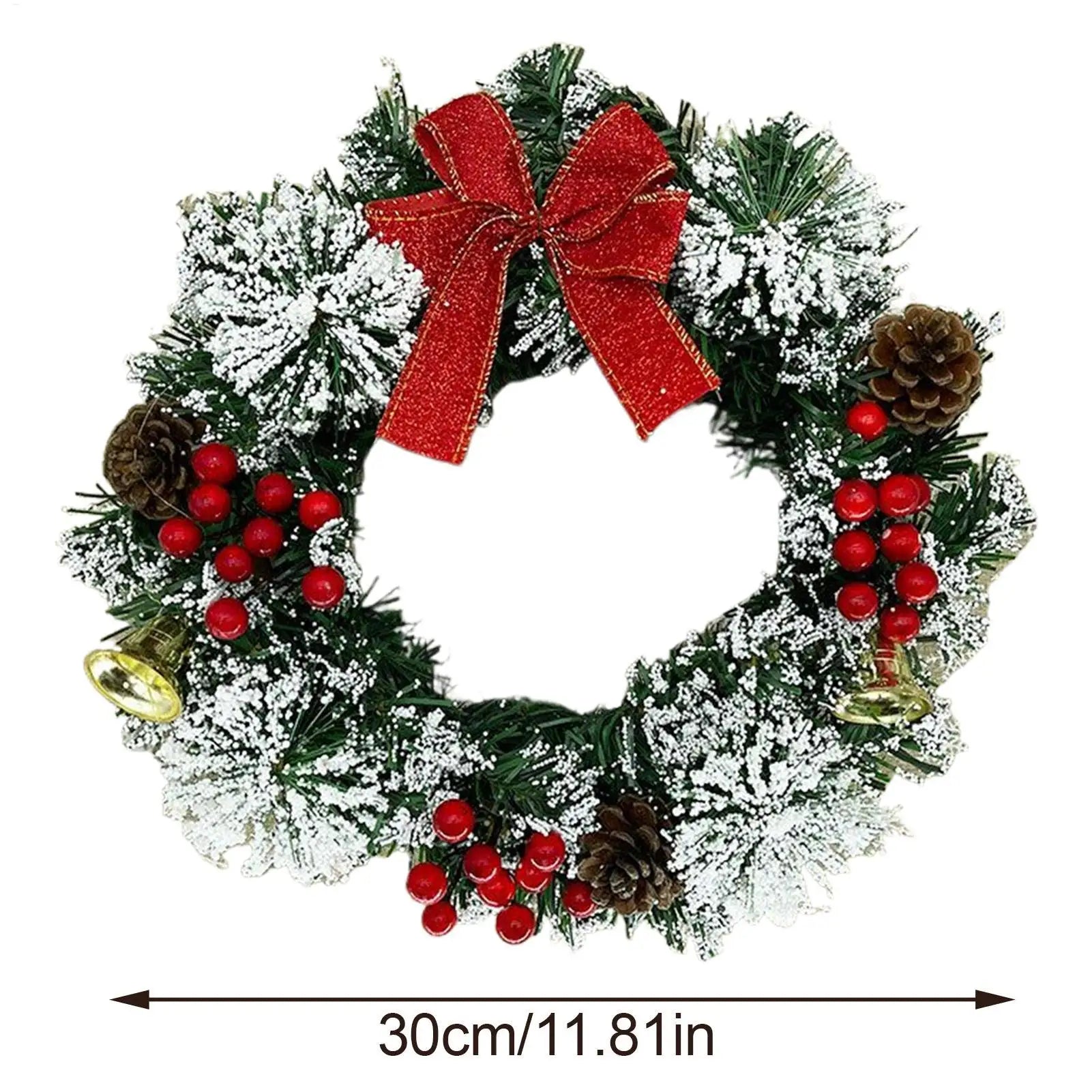 Christmas Wreath 30cm Holiday Decor with Berries Bow Bells Artificial Greenery Garland for Door Window Wall Christmas Decoration