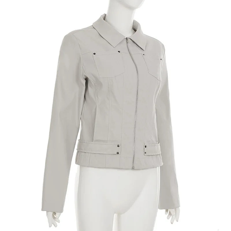 Women Jacket Pocketd Long Sleeve dCasual Zipper Coats Slim Fit Turn Down Collar Solid Outwear Elegant Lady Autumn