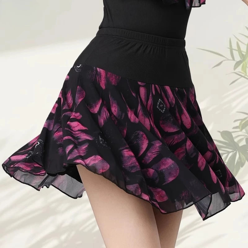 Women Samba Latin Dance Practice Suit Summer New Net Yarn Printed Modern Dance Performance Costume Square Modern Evening Dresses