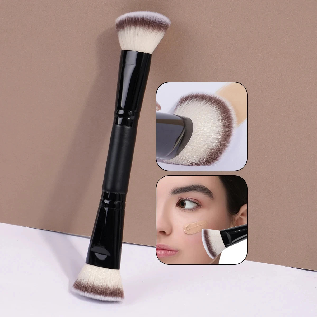 Double Head Makeup Brushes 2 In 1 Flat/Angled Foundation Concealer Contour Brush for Blending Loose Powder Liquid Cream