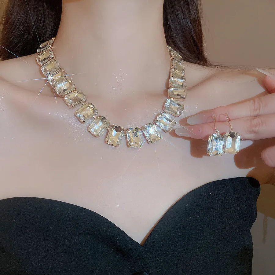 Bride Crystal Necklace Earrings Bracelets Set Bridesmaid Wedding Jewellry Three Pieces Choker Necklace Prom Costume Jewelry Sets