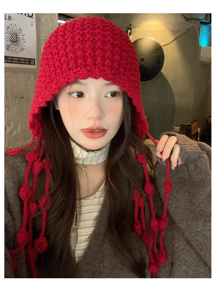Winter Fashion Handwoven Tassel Hat Ladies Fashion All Kinds of Warm Bag Head Hat