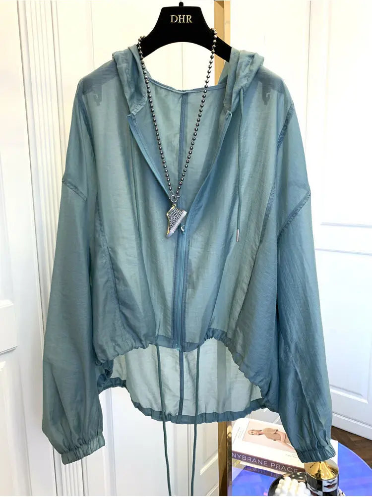 Jackets Women Hooded Summer Sun-proof Zipper Coats Thin Loose See Through Outerwear Breathable Outwear Lightweight Clothes Black