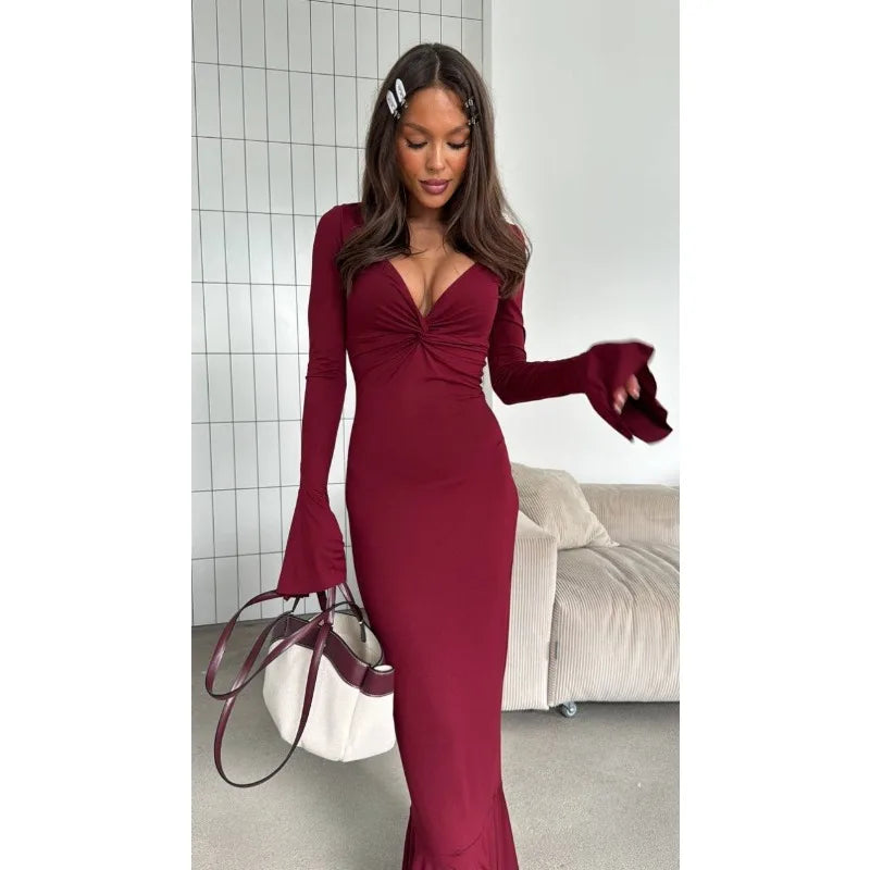 2025 Autumn and Winter New Women's Long Dresses Fashion Sexy V-neck Ruffle Sleeve Long Sleeve Skirts