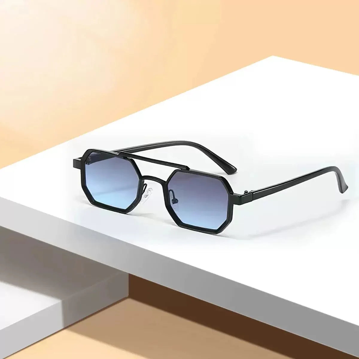 Stylish Metal Sunglasses with Dual-Tone Frame - Gradient Blue Lenses, Square Shape, Modern Fashion Accessory