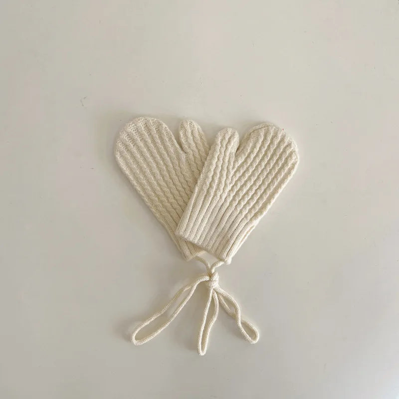 Winter Wool Children Mittens with Straps Knitted Finger Warmer Gloves for Girls Boys Solid Color Kids Accessories 4-10 Years Old