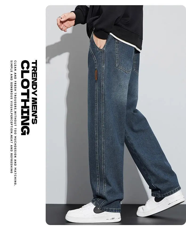 Retro American Wide Leg Men's Jeans Thiened Fce Lined Loose Fit Autumn Winter Wear Resistant Long Trousers Casual Cotton...