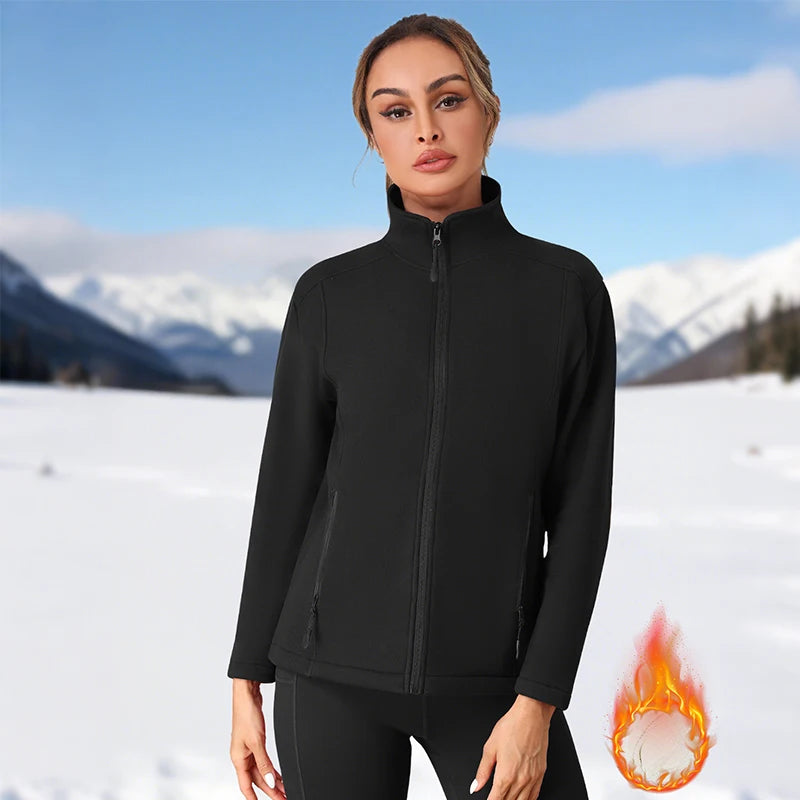 Fleece Jacket for Women Full Zip Solid Color Pullover with Two Utility Pockets Autumn Winter Warm Thick Coat Slim Soft Jacket