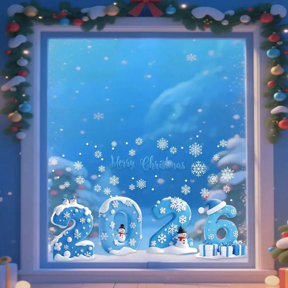 Christmas Glass Stickers Wooden House Pine Nut Sticker Glass Wall Decor Merry Christmas 2025 Stickers Happy New Year 2026