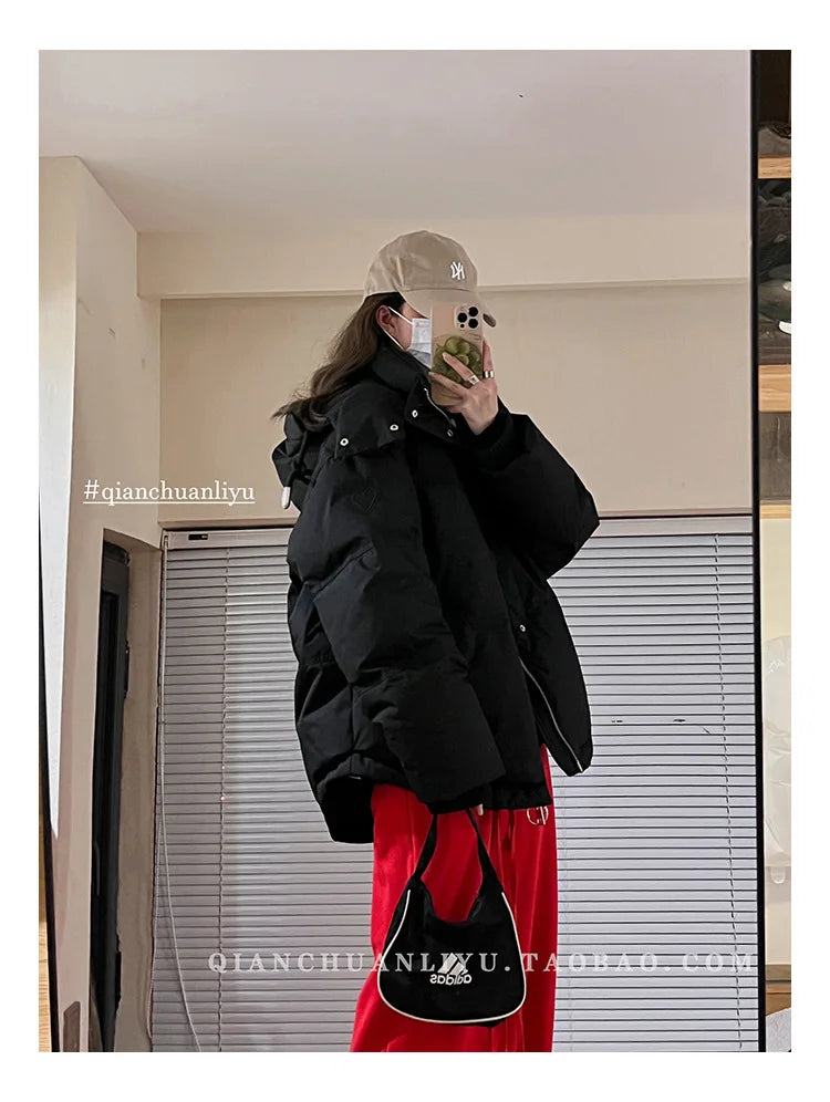 Women's Down Cotton Jacket Hooded Coat Winter Cotton Comfortable Thick Warm Love Embroidery Loose Jacket Snow Coat Clothing