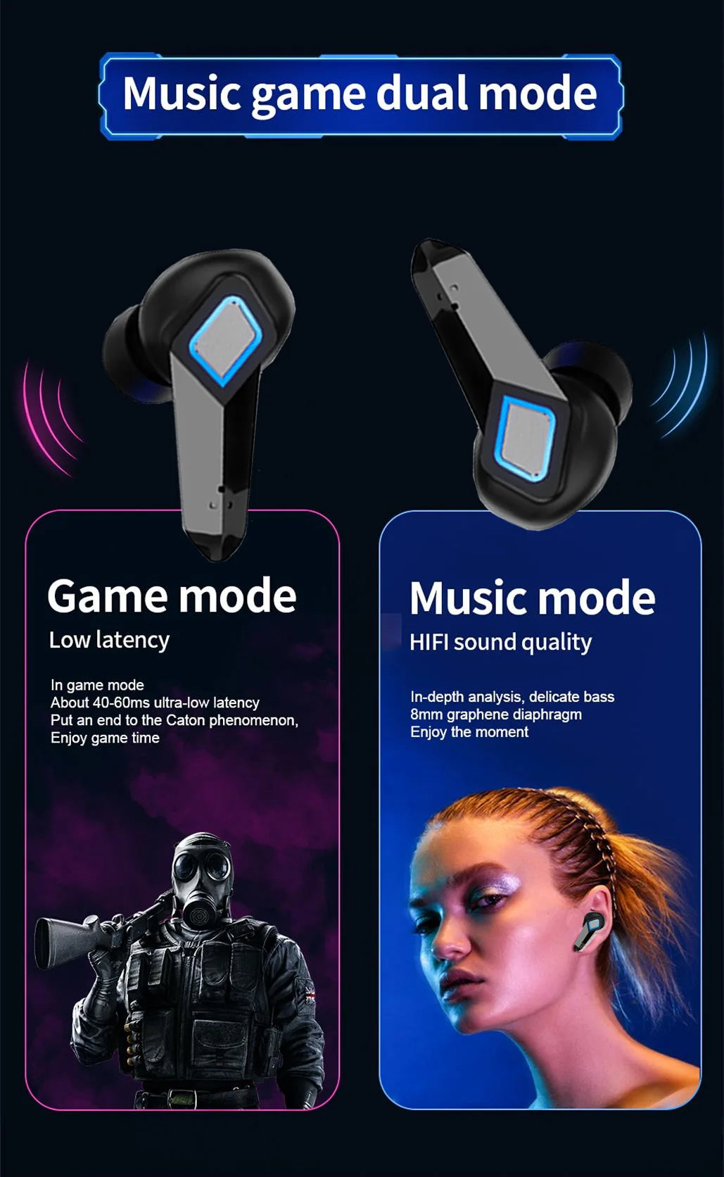 Bluetooth Gaming Earphone Cool Appearance Aluminum Alloy Base Lighting Music Game Dualmode Low Latency HiFi Sound Effect Headset