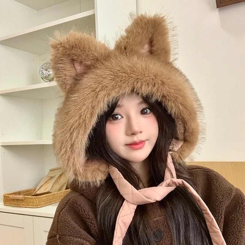 Winter Hat Thicken Ski Beanie Hat for Women Balaclava Spicy Girl Style Cat Girlfriend Hat Outdoor  Warm Protection Accessories