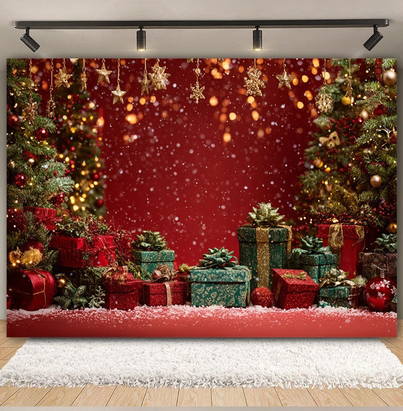 Christmas Day Decor Backdrop for Photography Xmas Tree Red Room Wall Glitter Gift Family Holiday Portrait Decor Photo Background