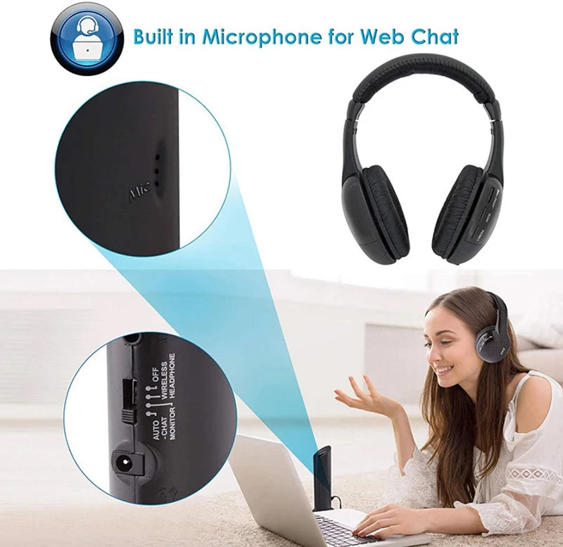 5 In 1 HiFi Wireless Headphones For TV Or Computer FM Radio Earphones Headsets With Microphone And Wireless Receiver