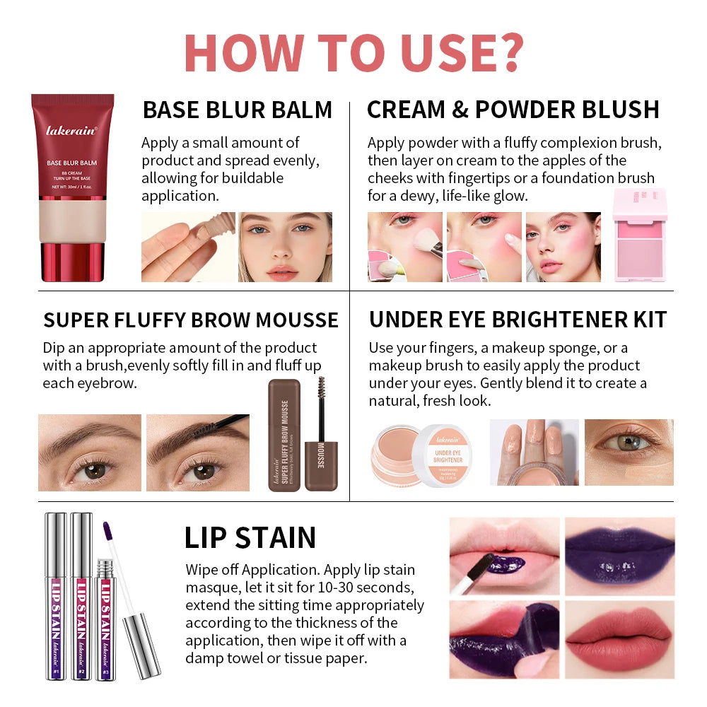 Makeup Set Matte Foundation Base Peel Off Lip Stain Brighten Eyes High Pigment Natural Cream Powder Blush Face Makeup Sets Gift