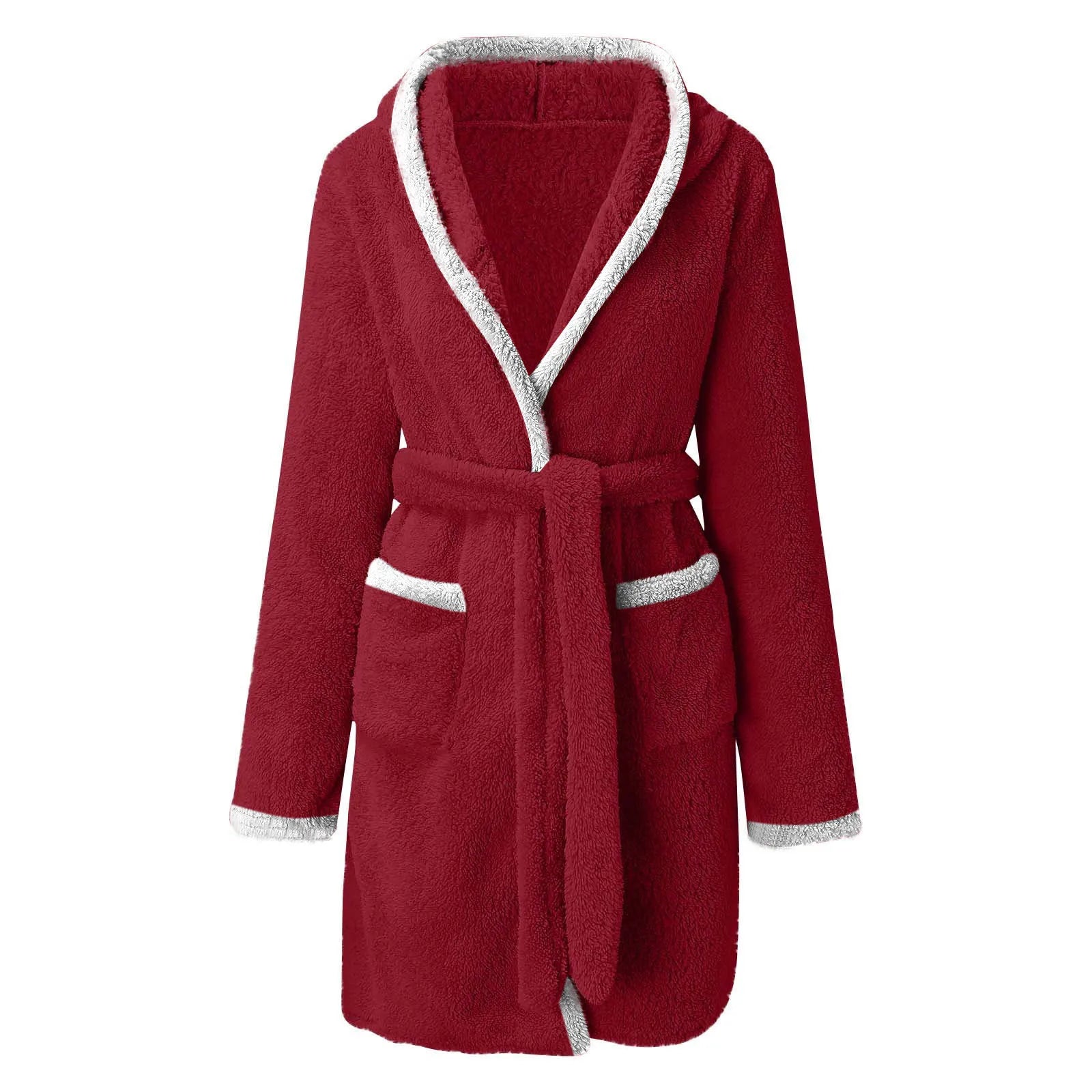 Women's Winter Casual Plush Robe Solid Color Matching Double Pocket Strappy Nightgown Fuzzy Bathrobe Coats Home Clothed Ladies