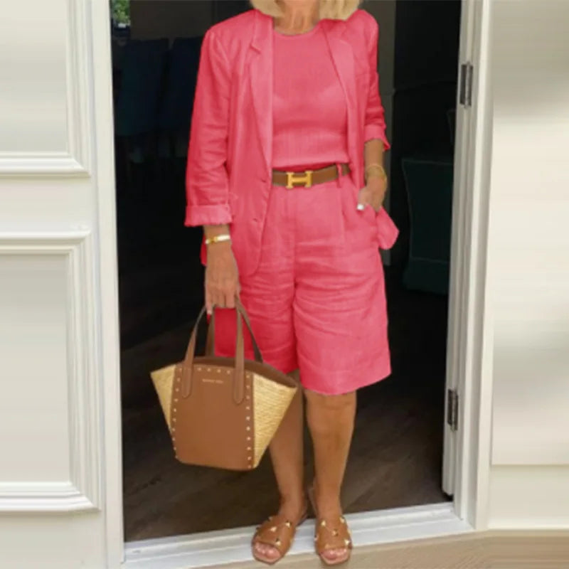 Women's suit two-piece set 2025 spring new women's fashion casual commuting solid color cardigan top shorts two-piece set