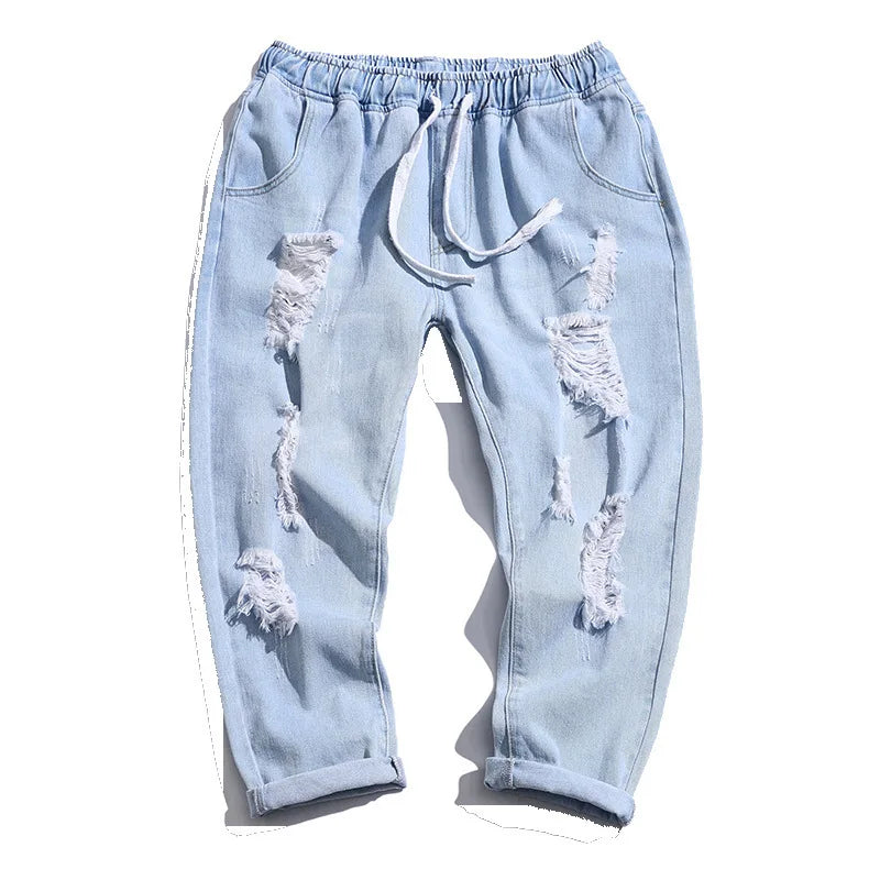 2025 Men's Summer Ripped Jeans Fashion Casual Streetwear Korean Style Baggy Broken Holes Trousers Denim Cropped Pants Oversized