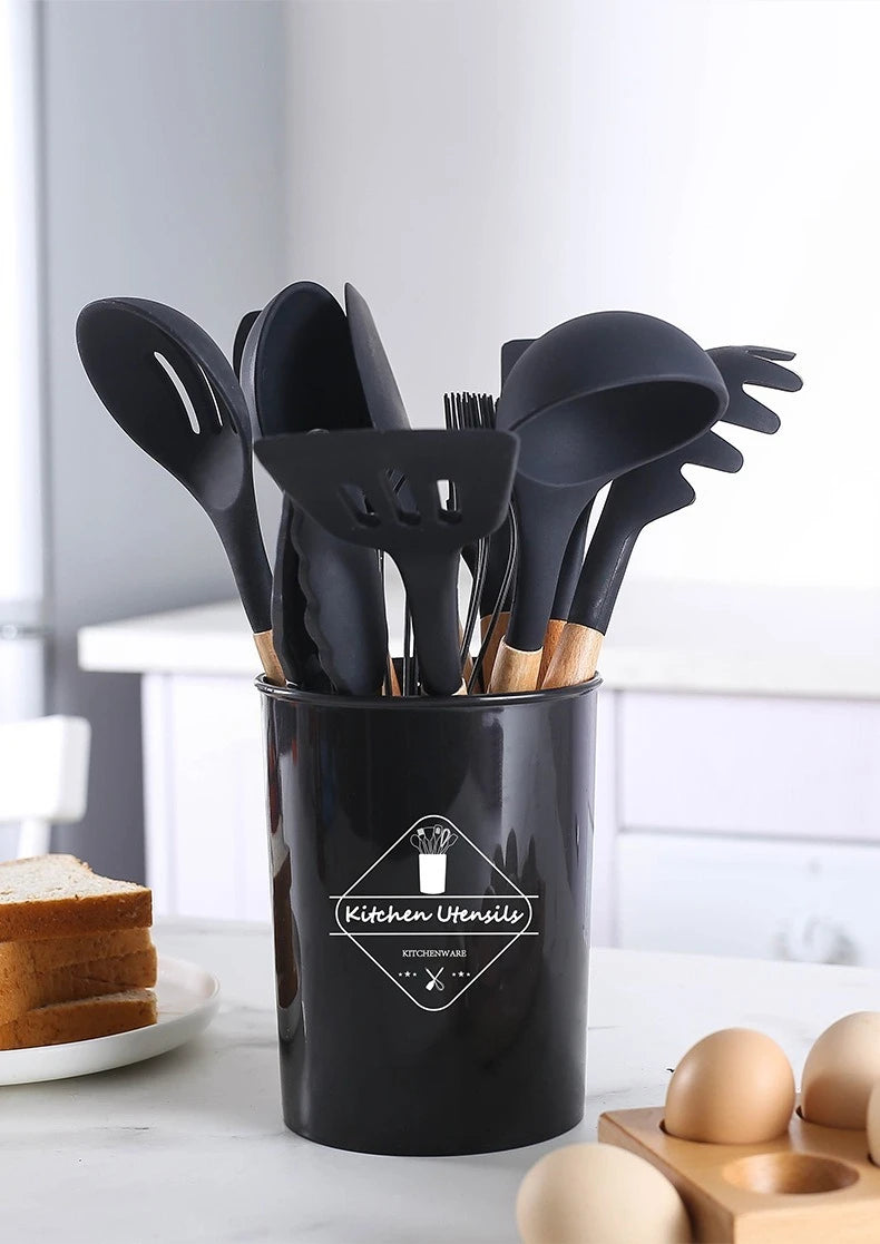 Kitchen utensil set with wooden handles, non-stick pans, food-grade cooking silicone storage set, baking and frying kitchen set