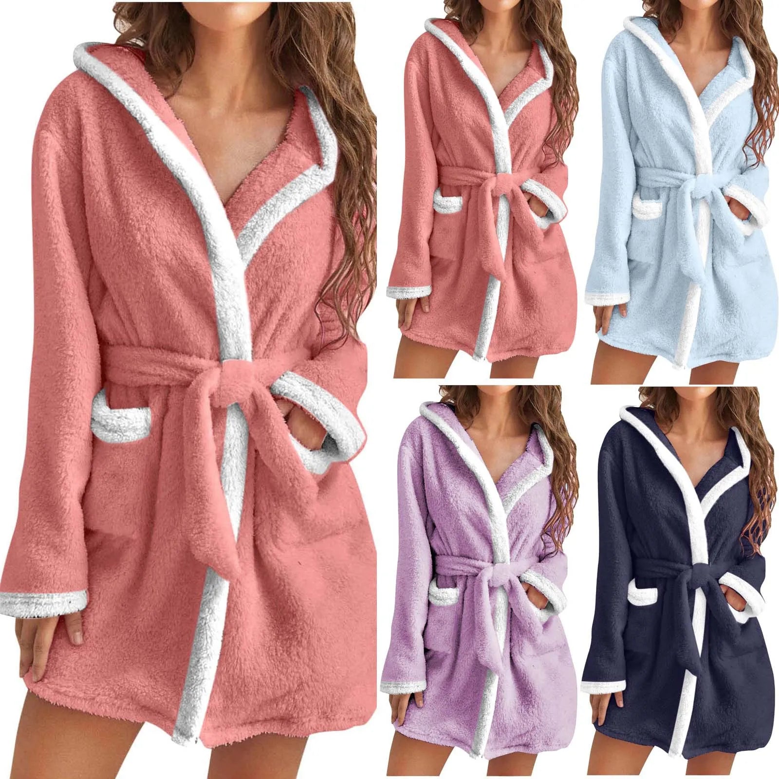 Women's Winter Casual Plush Robe Solid Color Matching Double Pocket Strappy Nightgown Fuzzy Bathrobe Coats Home Clothed Ladies