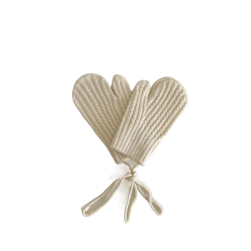 Winter Wool Children Mittens with Straps Knitted Finger Warmer Gloves for Girls Boys Solid Color Kids Accessories 4-10 Years Old