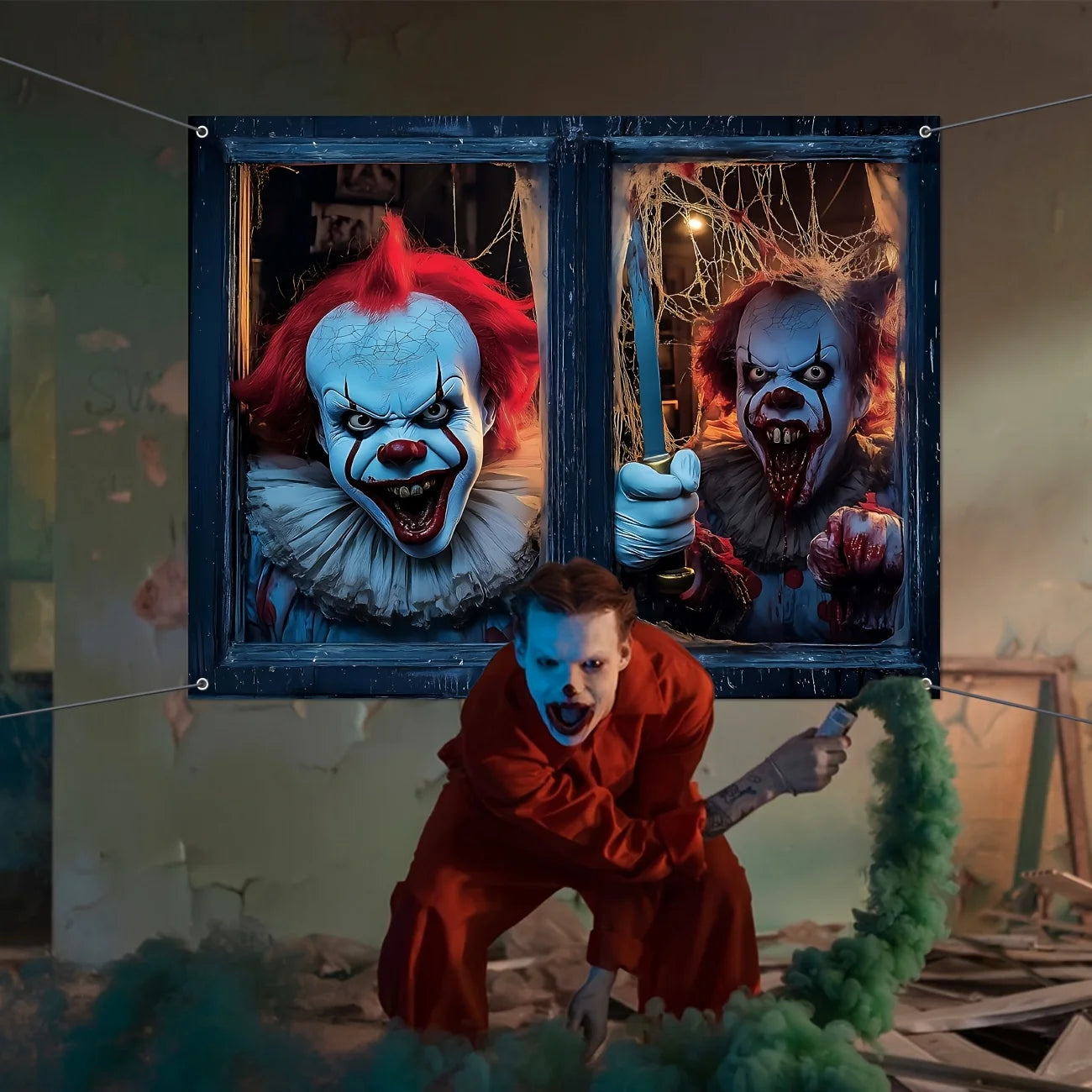 Halloween Clown Window decoration - Terrifying Outlines, bloody knives and gloves, perfect for indoor/outdoor party decoration